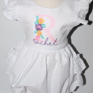 Baby Girl Seersucker Sunsuit: Embroidered Floral Initial Ruffle Romper