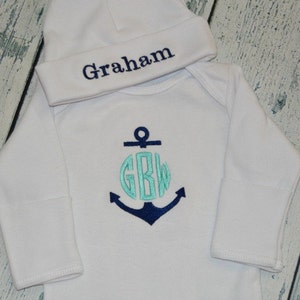 PERSONALIZED Anchor Coming Home Outfit  Infant Gown and Cap set Monogrammed
