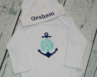 PERSONALIZED Anchor Coming Home Outfit  Infant Gown and Cap set Monogrammed