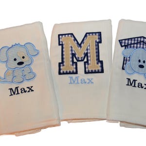 Personalized Boys Puppy Burp cloth Set of 3  Monogrammed Burp Cloth