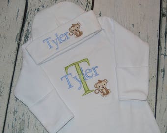 Personalized Monkey Baby Gown and Cap set, Monogrammed Newborn Take Home outfit, Coming Home Layette