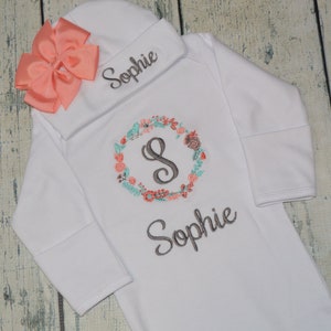 Newborn Baby Girl Outfit, Baby Girl Personalized Gown set, Girls Flower Embroidered Outfit, Create your own set, Monogrammed Newborn girl