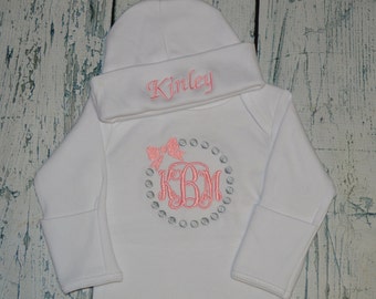 PERSONALIZED Coming Home Outfit  Infant Gown and Cap set Monogrammed Dot and Bow