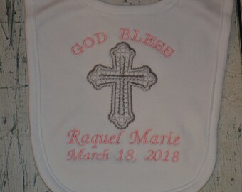 Custom Monogrammed Baptism Bib, Personalized Christening Bib, Baby Cross Bib