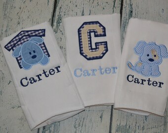 Personalized Boys Puppy Burp cloth Set of 3  Monogrammed Burp Cloth