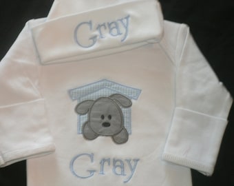Personalized Puppy Baby Outfit, Monogrammed Gown Hat set,  baby Layette Personalized Coming Home Outfit