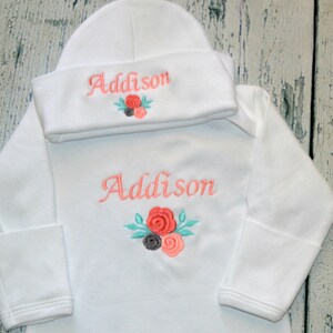 PERSONALIZED Newborn Girl Flower Gown and Hat  set Monogrammed Coming Home OUtfit