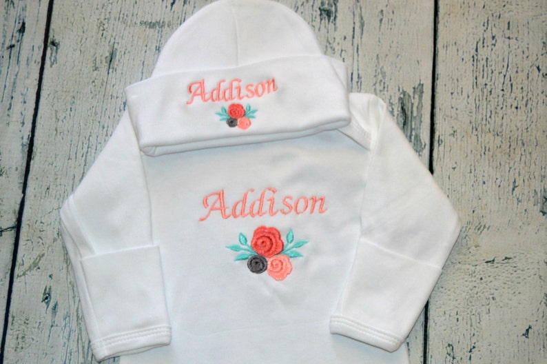 PERSONALIZED Newborn Girl Flower Gown and Hat set Monogrammed Coming Home OUtfit