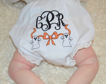 Monogrammed Halloween Ghost Baby Bloomers, Ghost and Bow Baby or Toddler Girl Embroidered Diaper Cover