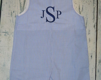 Monogrammed Boys Gingham Jon Jon, Personalized Shortall or Longall Boys Outfit