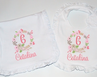 Floral Baby Bib and burp cloth with ruffles personalized