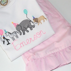 Personalized Girls Zoo Animal Birthday Parade Outfit or Shirt, Gingham Zoo Birthday Party Monogrammed Shirt