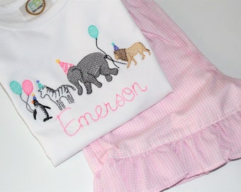 Personalized Girls Zoo Animal Birthday Parade Outfit or Shirt, Gingham Zoo Birthday Party Monogrammed Shirt