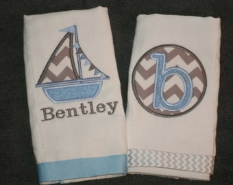 Personalized Sailboat Boys Burp Cloth set of 2