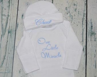 PERSONALIZED Our Little Miracle Coming Home Outfit  Infant Gown and Cap set Monogrammed