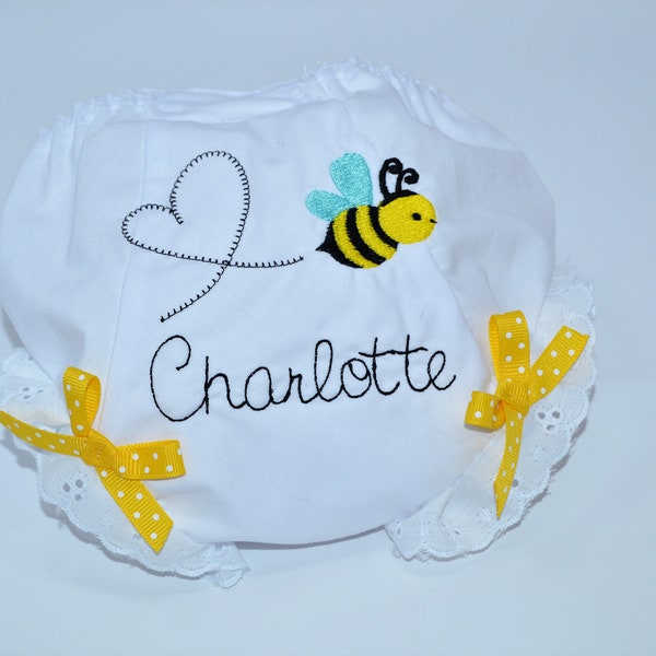 Honey Bee Personalized Baby Bloomers, Baby Girls Diaper Cover, Bumble Bee Girls Bloomer with Heart Trail, Embroidered Diaper Cover