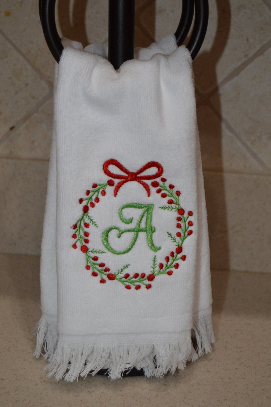 Personalized Christmas Fingertip Towel berry Wreath Bathroom Hand