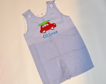 Personalized Surfer Car Gingham Jon Jon, Monogrammed Shortall, Boys Surfboard Retro Car Sunsuit Monogrammed