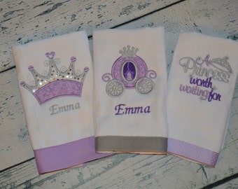 Personalized Princess Burp cloth Set of 3  Burpies  Monogrammed