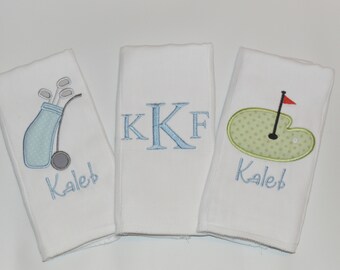 Personalized Golf Burp cloth Set of 3 Monogrammed Golf Bag and Golf Green