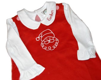 Girls' Red Corduroy Christmas Jumper Dress: Embroidered Santa Outfit