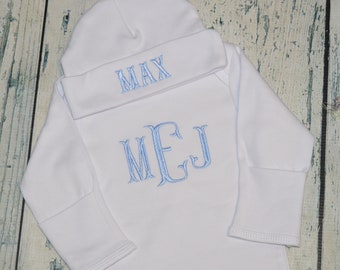 PERSONALIZED Newborn Baby Boy Gown and Cap set,  QUICK SHIP Monogrammed Baby Boy Coming Home Outfit,  baby boy outfit