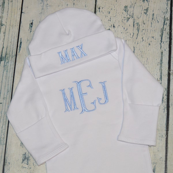 PERSONALIZED Newborn Baby Boy Gown and Cap set,  QUICK SHIP Monogrammed Baby Boy Coming Home Outfit,  baby boy outfit