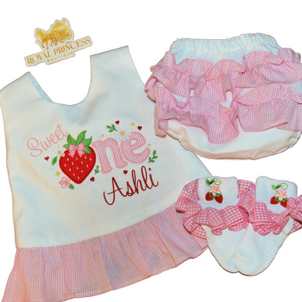 Strawberry First Birthday Personalized Swing Top and Bloomer Outfit "Sweet One"