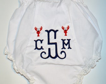 Monogrammed Baby Bloomers with Little Embroidered Lobsters, Custom Mini Design & Colors,  Baby Bloomer,  Personalized Bloomers