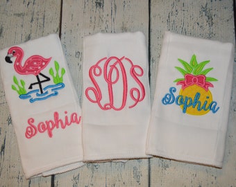 Personalized Monogram Burp cloth Set of 3  Burpies for Girls Monogram Burp Cloth Flamingo Pineapple Burp Cloths