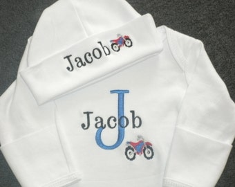 Personalized Newborn Gown and Cap set Monogrammed Coming Home Outfit Motorcycle