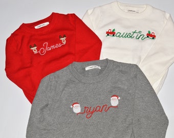 Personalized Kids Christmas Sweater, Monogram Pullover Winter Shirt, Toddler Embroidered Sweater with assorted mini designs