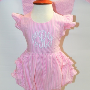 Personalized Girls Outfit Seersucker Ruffle  Bubble Romper Monogrammed