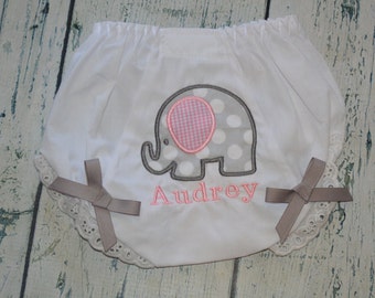 Monogrammed Elephant Baby Girl Bloomers,  Baby Girls Diaper Cover Personalized