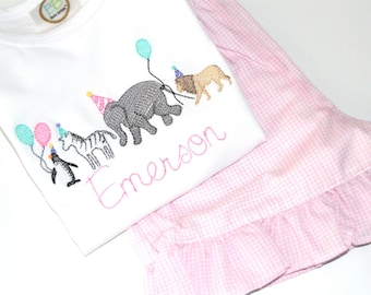Personalized Girls Zoo Animal Birthday Parade Outfit or Shirt, Gingham Zoo Birthday Party Monogrammed Shirt
