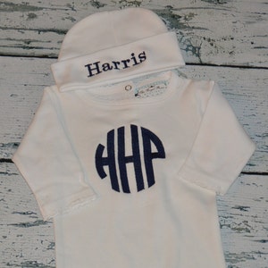 Personalized Baby Sleeper Romper and Cap set, Monogrammed Newborn Baby Boy Coming Home Outfit image 3