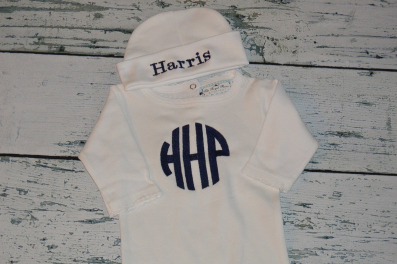 Personalized Baby Sleeper Romper and Cap set, Monogrammed Newborn Baby Boy Coming Home Outfit image 3