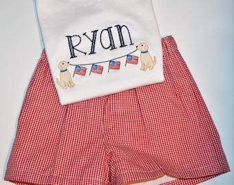 Personalized Patriotic Boys Outfit  Shirt and Short Set Dog holding Flags Shirt