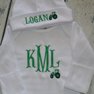 Personalized Infant Gown and Hat set Monogrammed Coming Home Outfit  Tractor