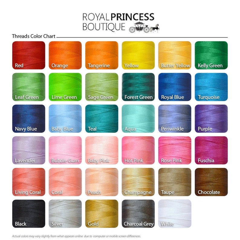 May include: A colour chart displaying 36 different thread colours, including red, orange, yellow, green, blue, purple, pink, brown, black, white, silver, and gold. The chart is labelled "Threads Colour Chart" and "Royal Princess Boutique".