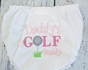 Daddy's Golf Buddy baby girl bloomers, Gold baby bloomers, newborn baby golf