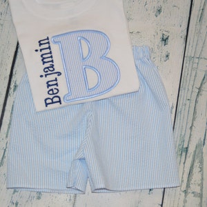 Boys Seersucker Initial and Name Outfit  Shirt and Short Set PERSONALIZED