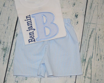 Boys Seersucker Initial and Name Outfit  Shirt and Short Set PERSONALIZED