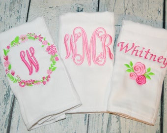 Personalized Monogram Burp cloth Set of 3  Burpies for Girls Flower Monogram Burp Cloth