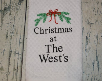 Personalized Christmas Kitchen Dish Towel, Embroidered Monogrammed Christmas Hostess Gift