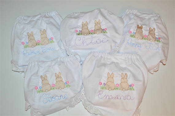 Personalized Easter Baby Bloomers, Bunnies in Grass Bloomers