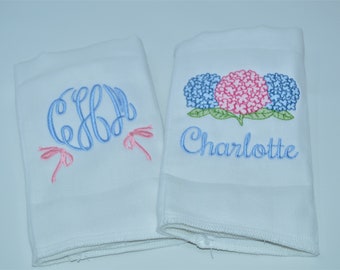 Personalized Hydrangea Girls Flower Burp Cloth Set of 2