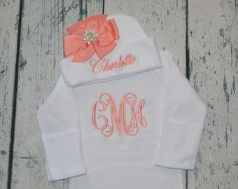 Monogrammed Baby Gown and Hat with Bow Rhinestone - Layette set Personalized Newborn Girl Coming Home outift