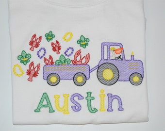 Mardi Gras Tractor Personalized Boys Shirt,  Crawfish Boys shirt with Name, Monogrammed  Mardi Gras Pelican Shirt