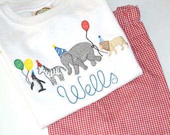 Personalized Boys Zoo Animal Birthday Parade Outfit or Shirt, Gingham Zoo Birthday Party Monogrammed Shirt